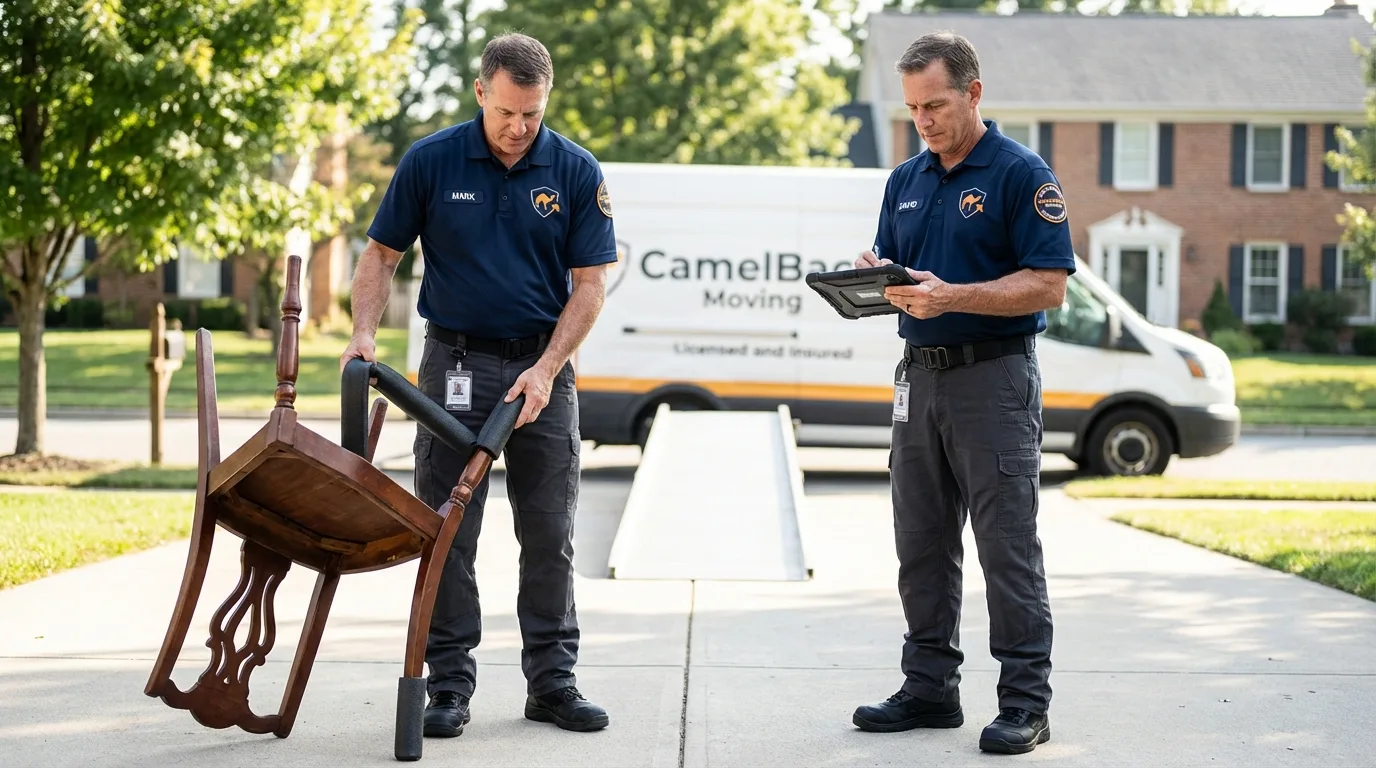 Movers inspecting furniture for damage prevention before loading in Sunnyside, WA