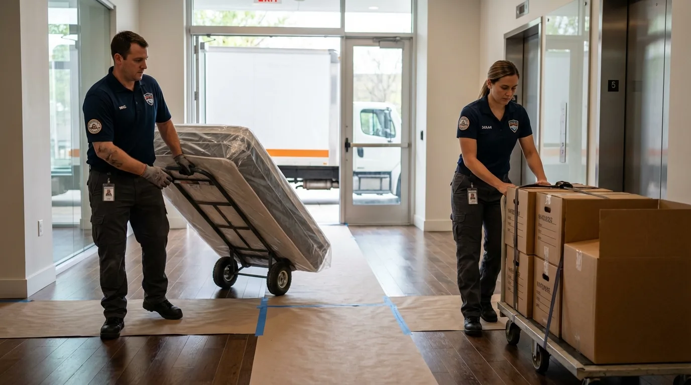 Professional apartment movers loading elevator in Sunnyside, WA