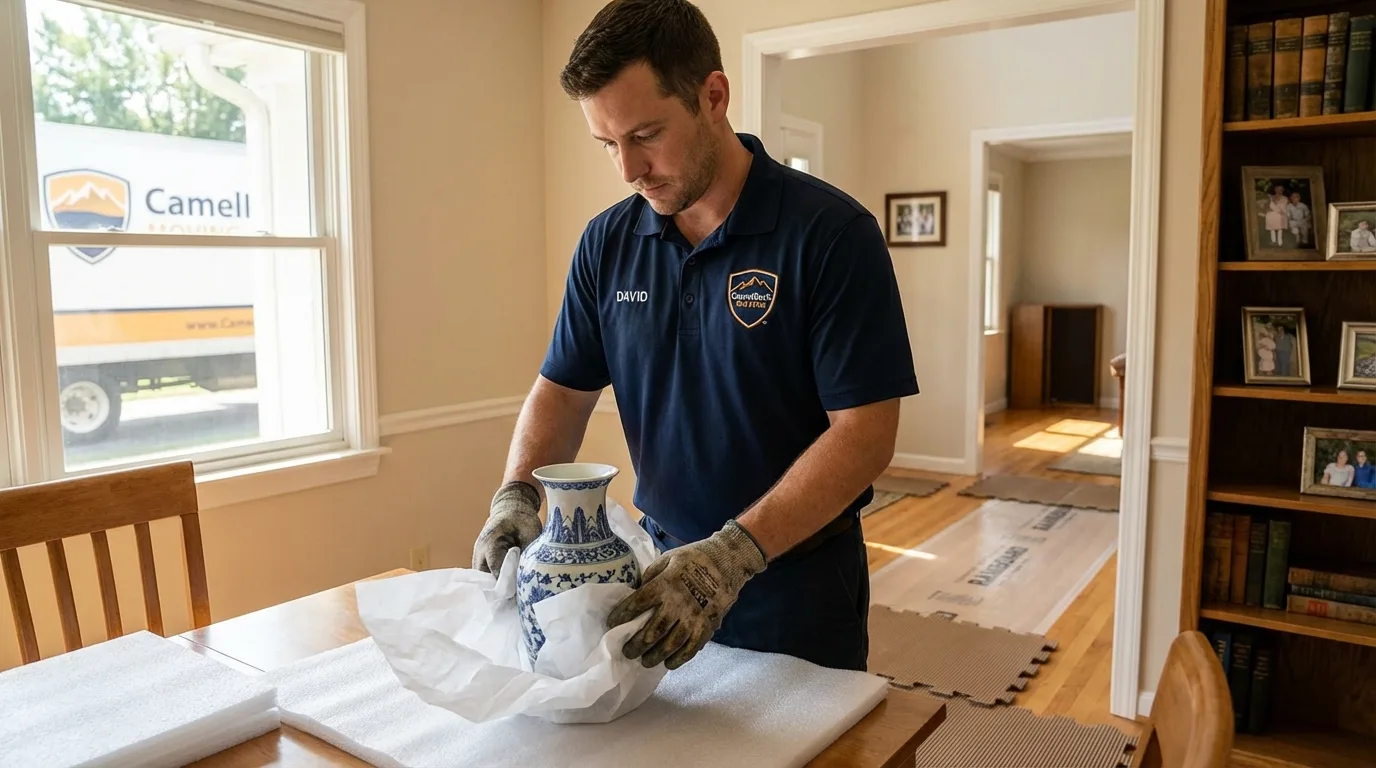 Professional crew carefully wrapping antique vase for senior downsizing move in Sunnyside, WA